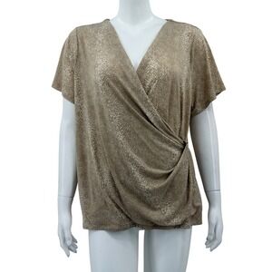 Calvin Klein Top Womens 1X Tan Snakeskin Faux Wrap Short Sleeve Office Stretch